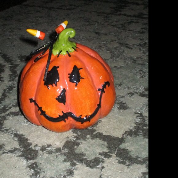 BLUE SKY CERAMICS stitched pumpkin with candy corn tabletop -Jack-o-lantern NWT - Picture 1 of 9